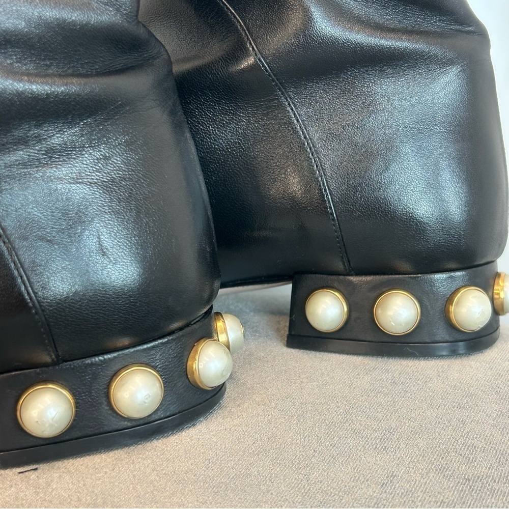 GUCCI ‘Jem’ black leather faux Pearl red blue white velvet stripe riding boot 39 - Picture 10 of 15